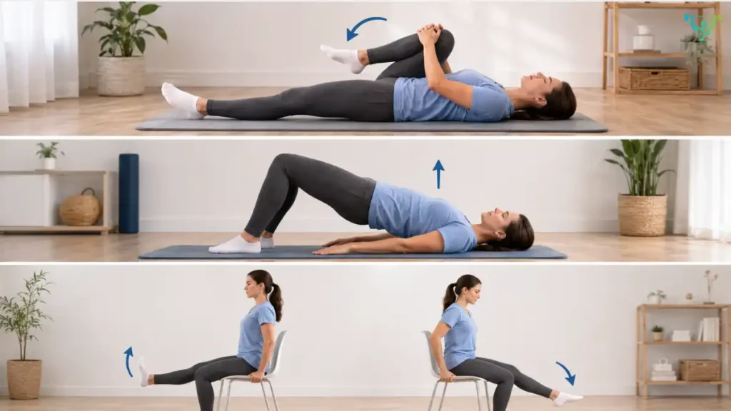 adult demonstrating Gentle exercises commonly used for sciatica management at home